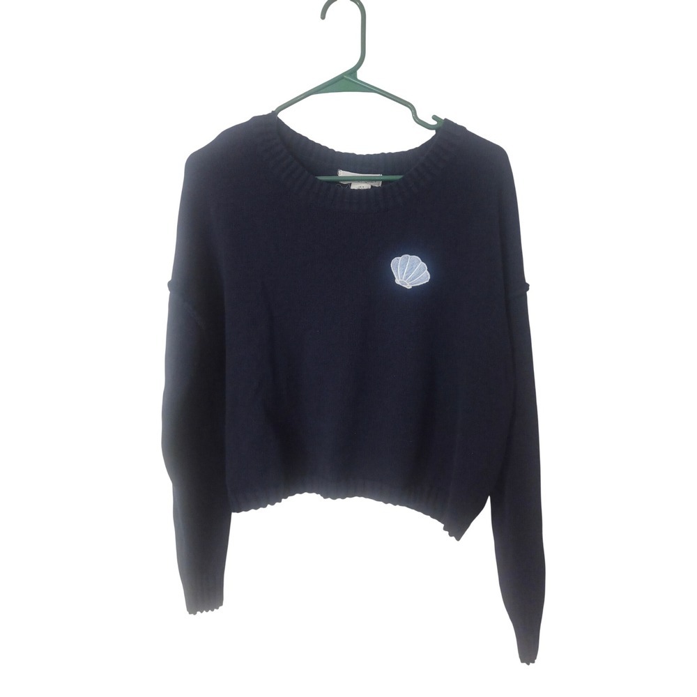 Happily Grey Womens Navy Blue Shell Embroidered Knit Pullover Sweater Size M